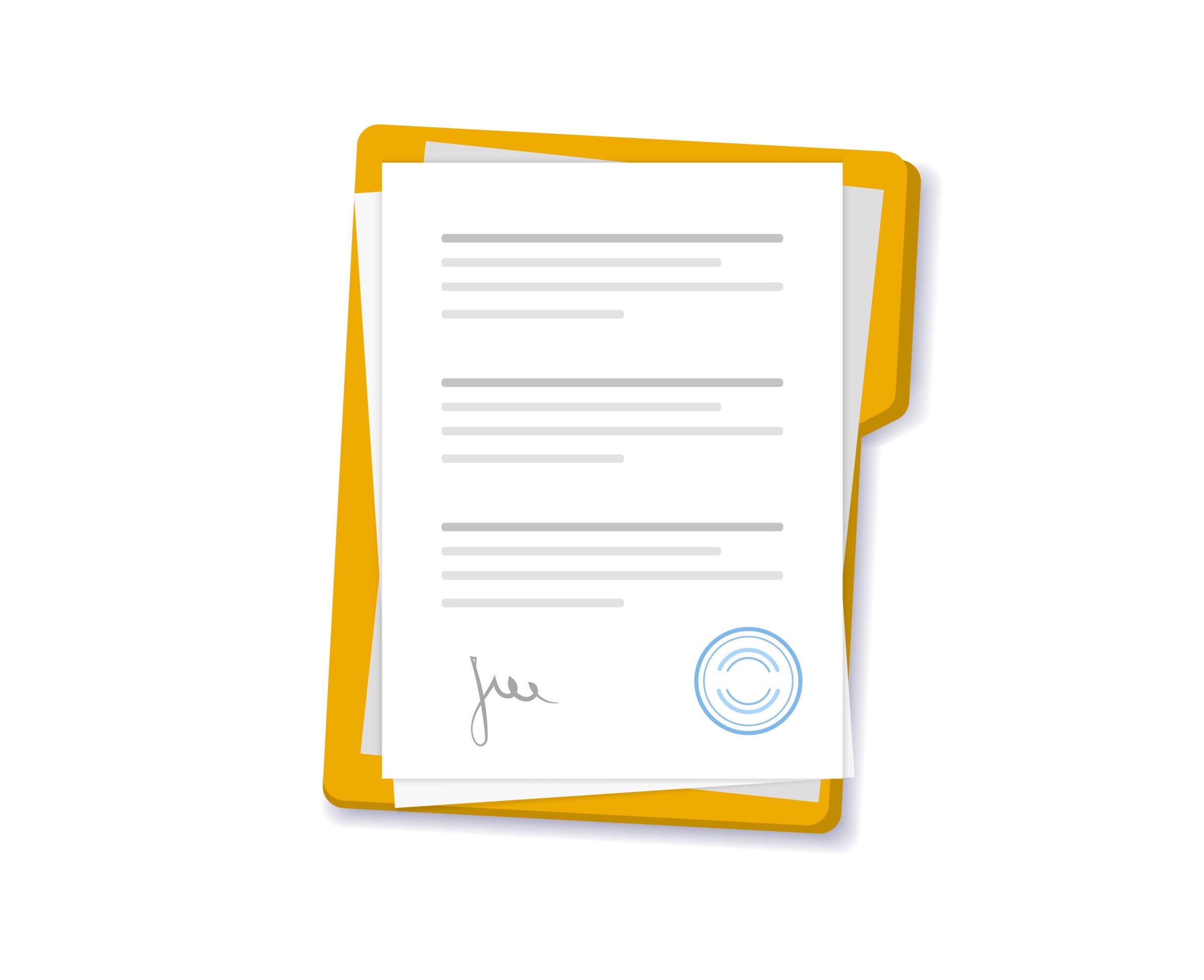 Documents and folder with stamp and text. Contract with approval and stamp. Stack of business papers. Agreements with signature. Documents and folder with stamp and text.