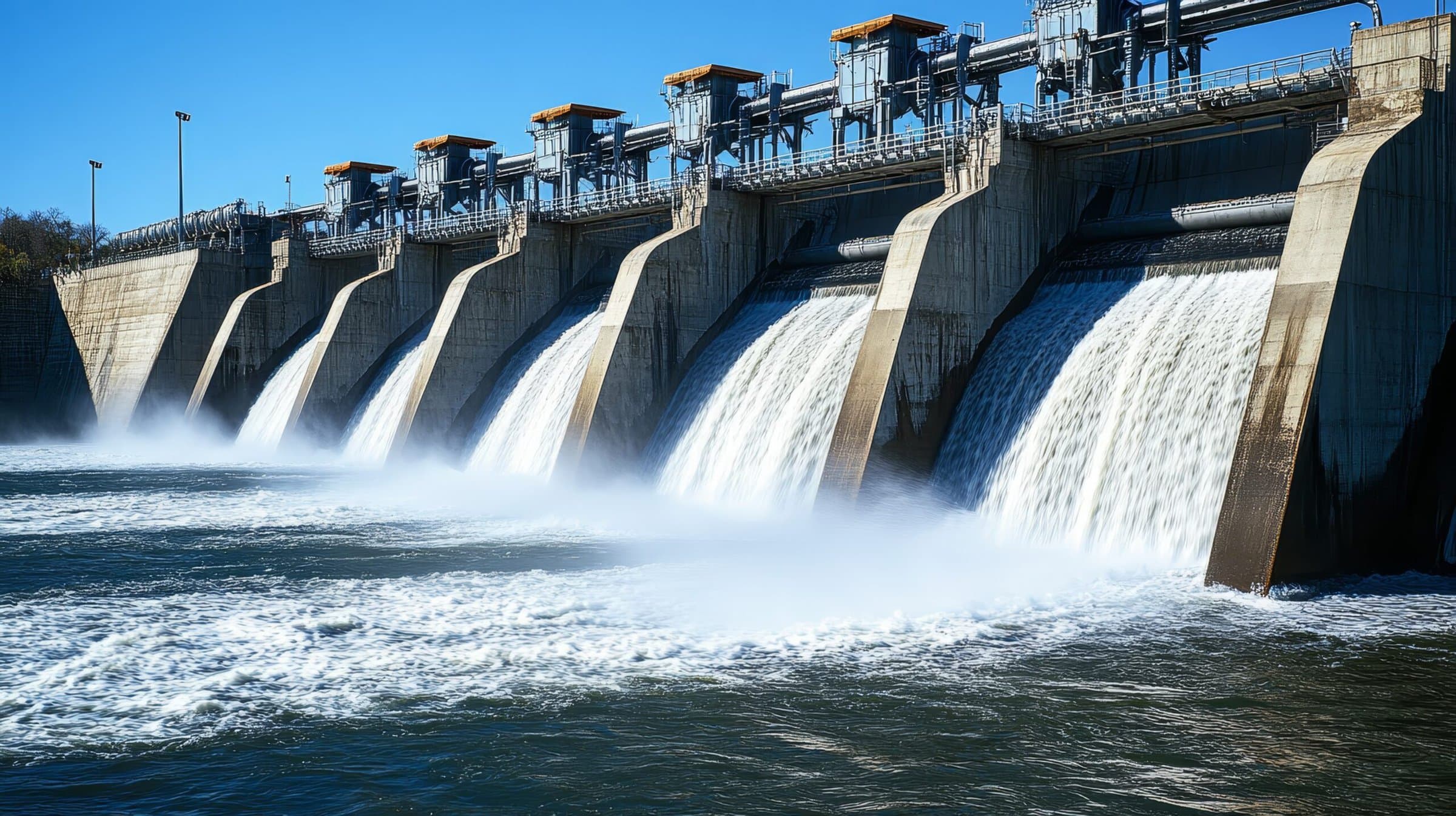 A hydroelectric dam releasing water, showcasing energy generation and water management. A hydroelectric dam releasing water, showcasing energy generation and water management.