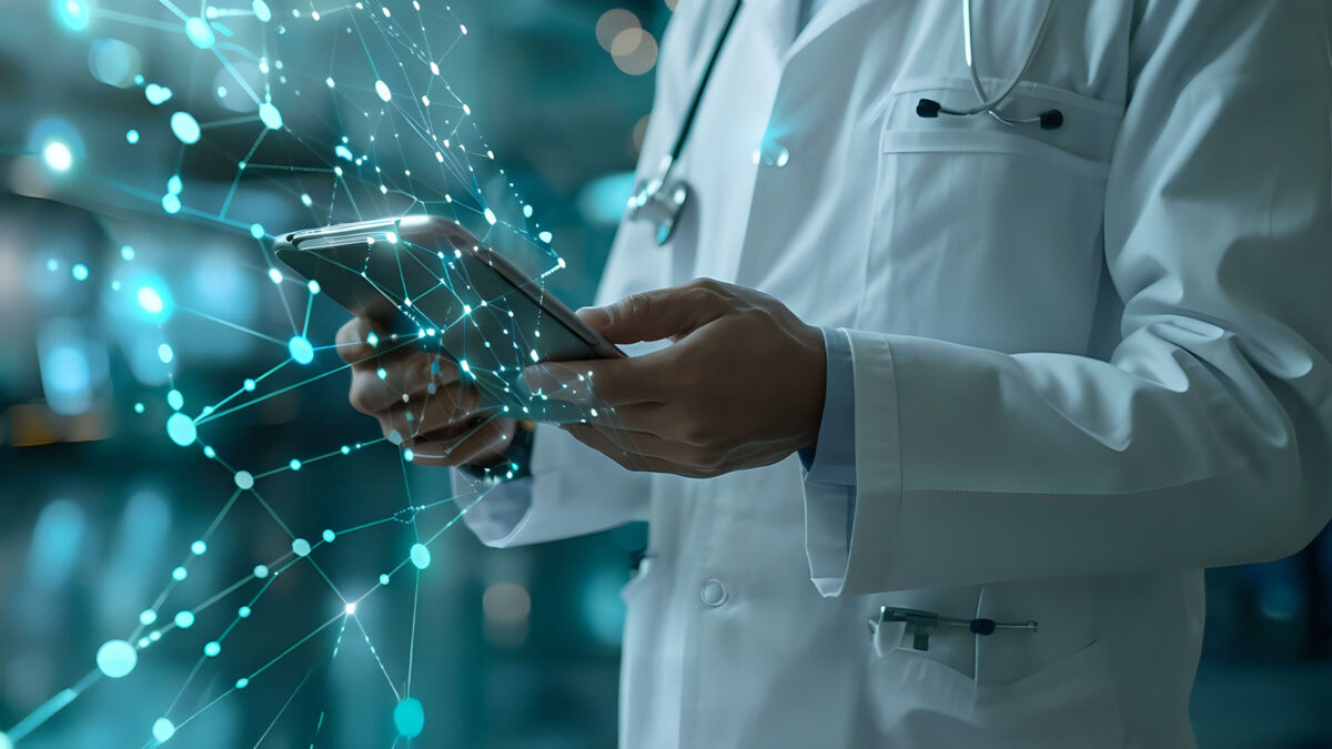 Doctors with tablet and abstract web of teal graph nodes