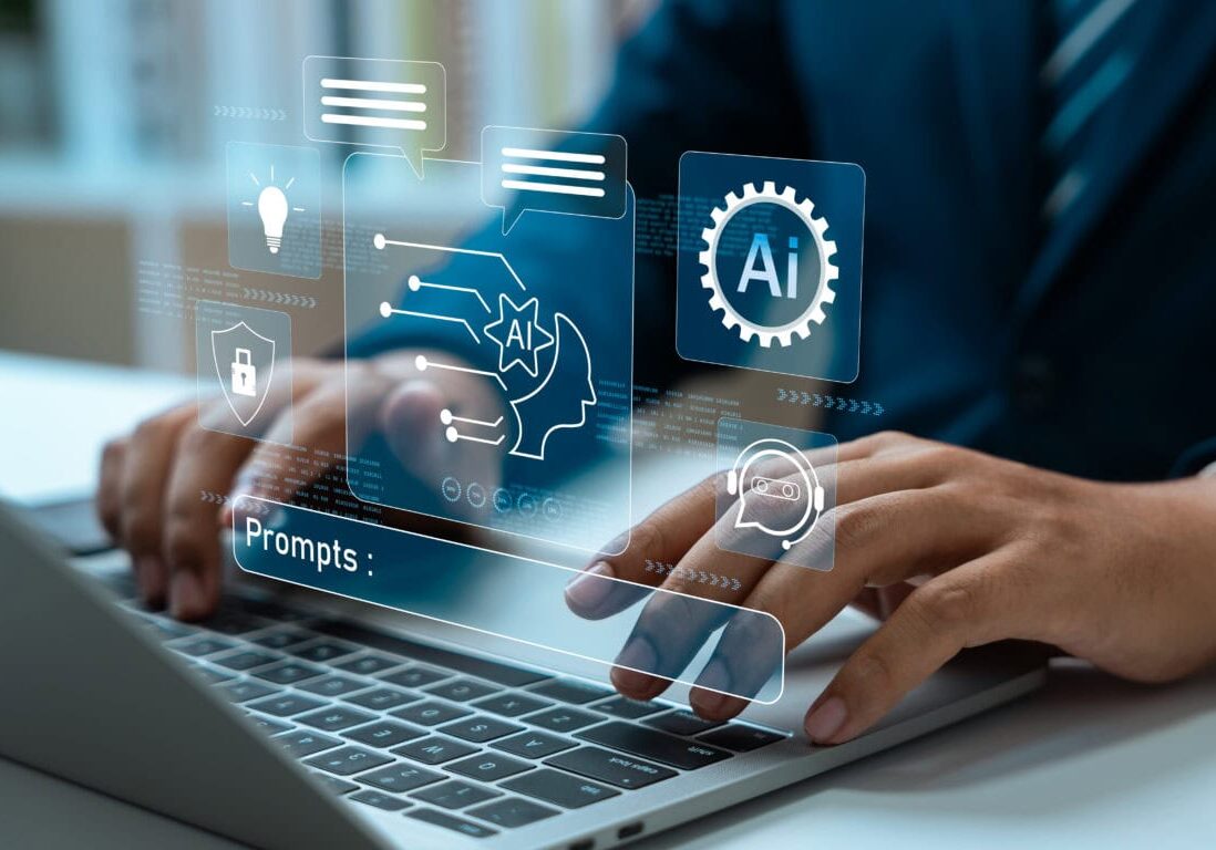 Businessman use artificial intelligence AI technology for enhanced work efficiency data analysis and efficient tools, Unlocking work potential with AI solutions chatbot help solve work problems.