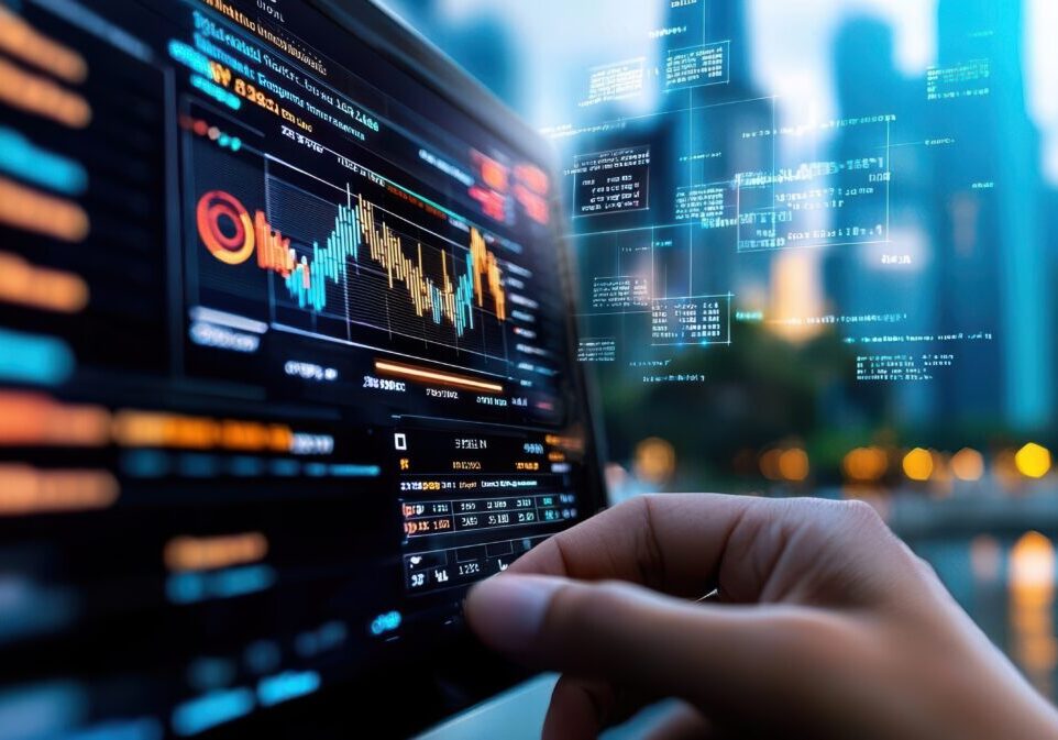 Close-up of a person analyzing financial data on a digital screen, showcasing modern technology and urban environment.