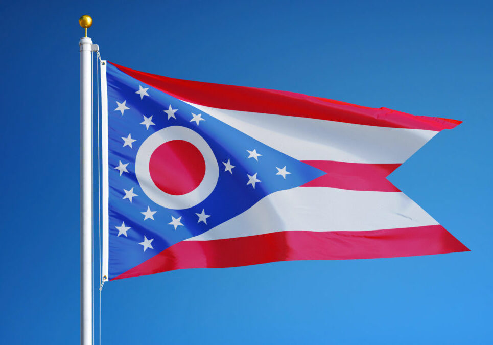 Ohio (U.S. state) flag waving against clear blue sky, close up, isolated with clipping path mask alpha channel transparency, perfect for film, news, composition