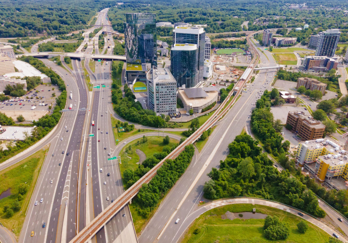 Contemporary buildings and highway loops. Transportation hub in northern Virginia.