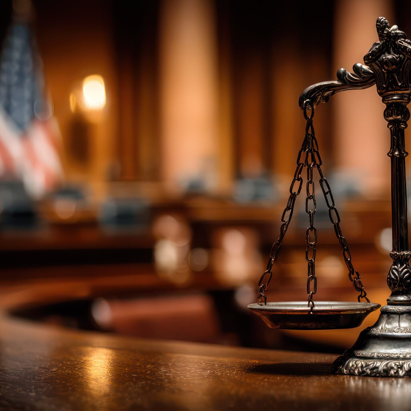 A courtroom setting with a bronze scale of justice prominently displayed in the foreground on a wooden surface, with rows of empty jury chairs and a partially visible American flag in the blurred background, conveying themes of law, justice, and the legal system. --ar 16:9 --stylize 250 --v 7 Job ID: 97dec417-0091-4525-b7fe-2d4c4cc87b3d