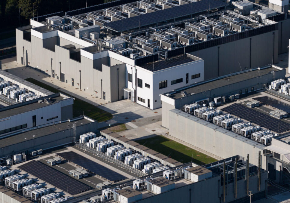 Close up details of data center, computing center, high consumption electricity. Cooling and emergency power. Aerial view.