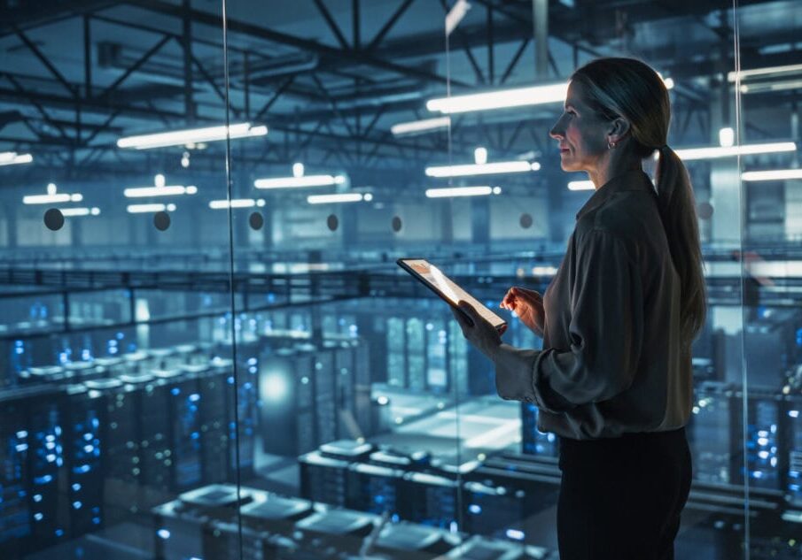 Female Cybersecurity Expert Standing with Her Back to Camera, Works on Her Tablet in a Modern Facility, Running Diagnostic Tests to Identify Network Vulnerabilities in a Data Center with Server Racks