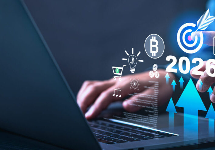 Futuristic business and technology concept 2026 with digital graph, AI, blockchain, cloud computing, and innovation, representing growth, transformation, sustainability, and global economy.