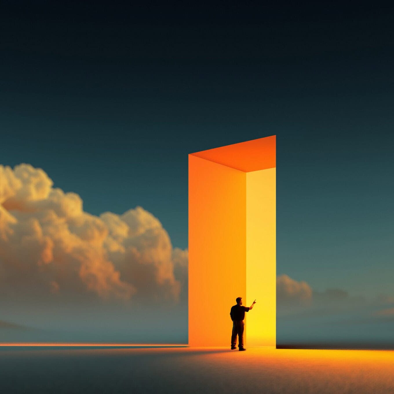 Digital artwork. Man facing glowing orange portal in wide landscape with clouds. Concept of branding identity, AI-driven creativity, strategic decision-making, educational themes, future design visual