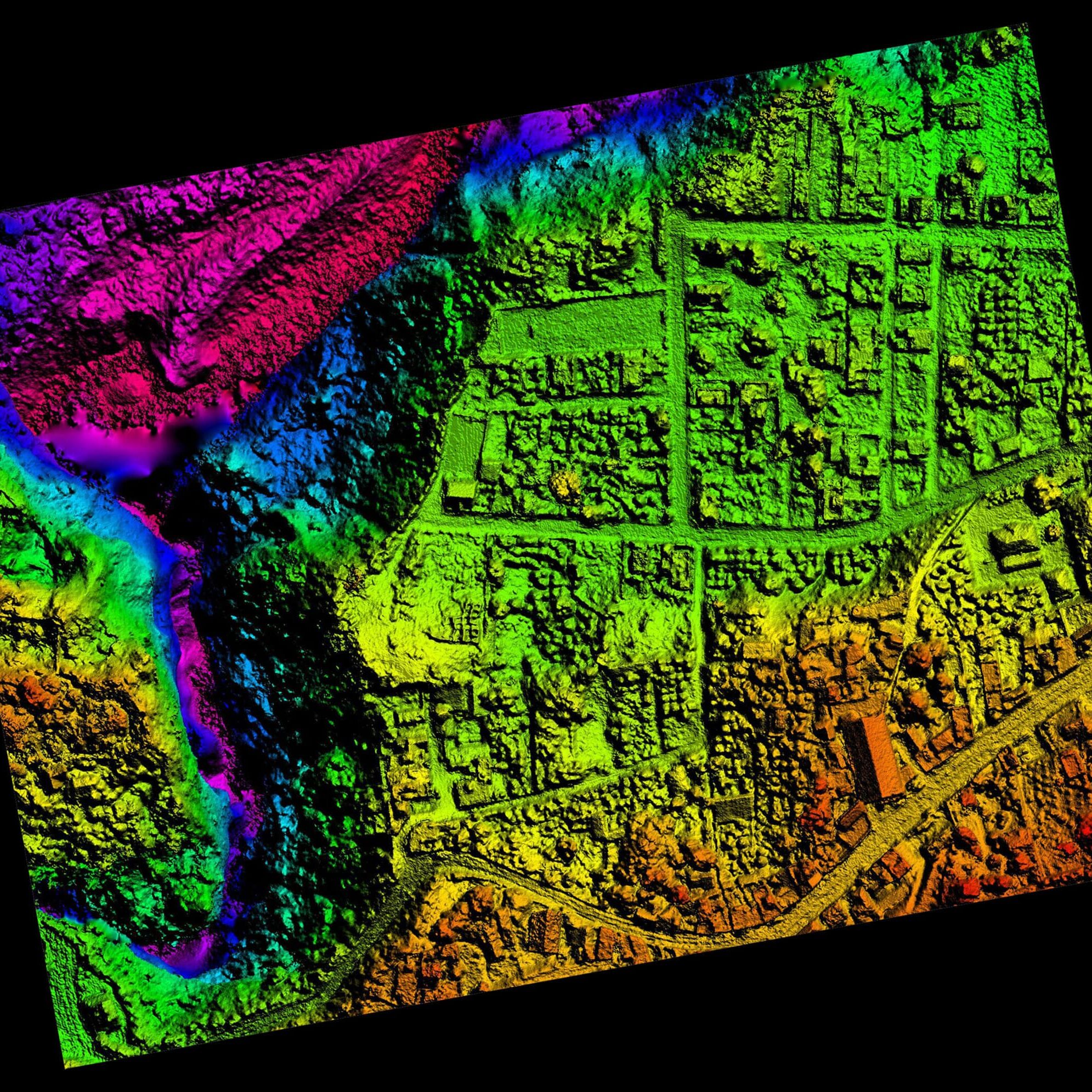 Aerial Orthorectified, Orthorectification Digital Elevation Model Of Banos De Agua Santa San Martin Canyon Altitude Represented From Blue To Red