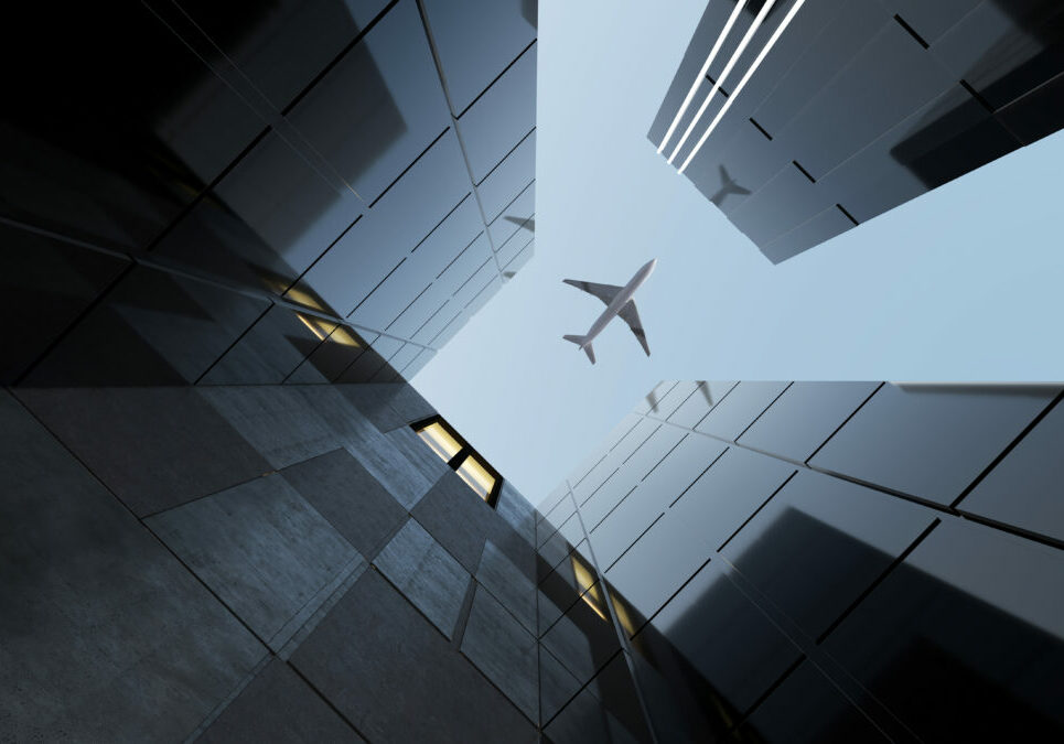 Plane flying over generic modern glass and concrete office buildings . Concepts of finances and economics background. 3d rendering .