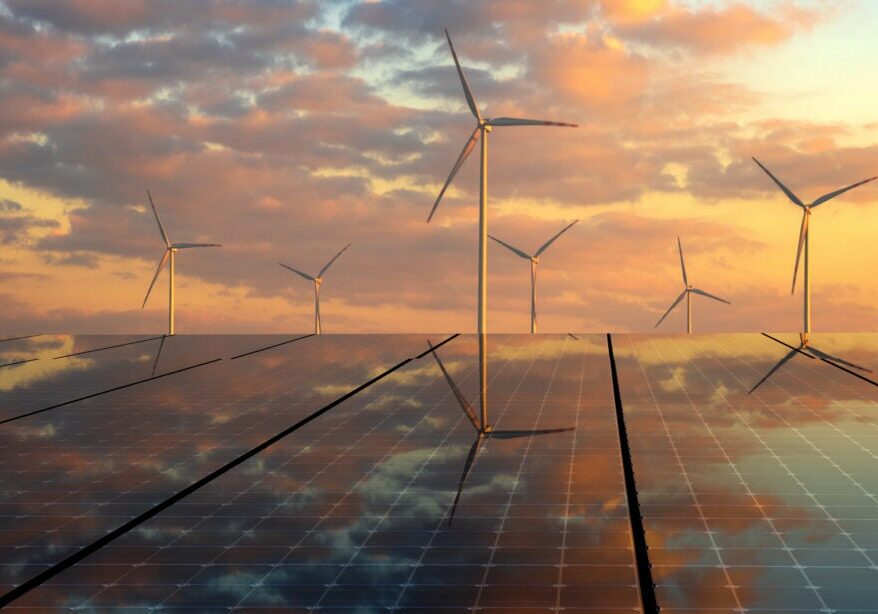 clean energy concept, photovoltaic panels and wind turbines