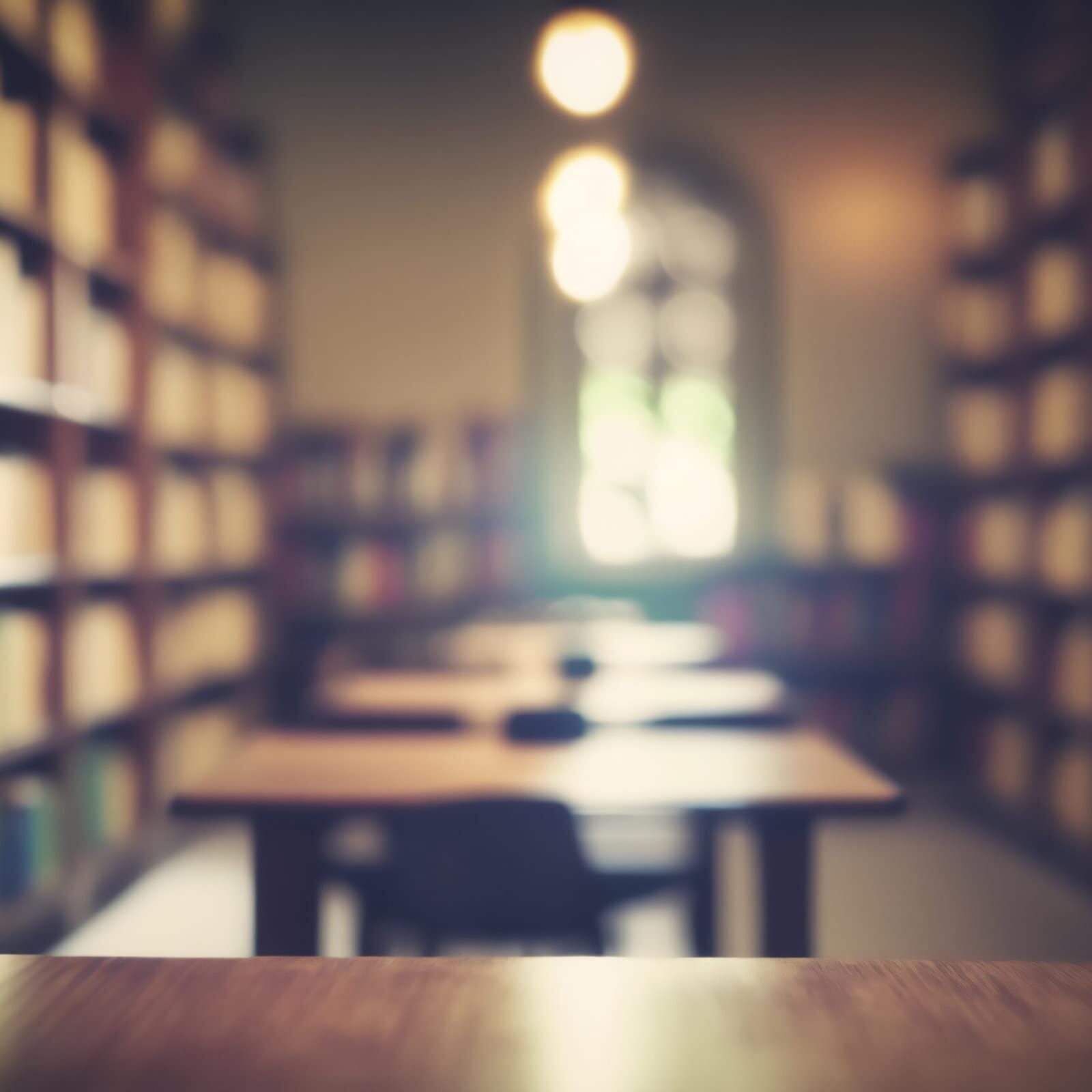 Generative AI image of a empty college library interior space wi Generative AI image of a empty college library interior space with blurred background. Empty wooden table in foreground.