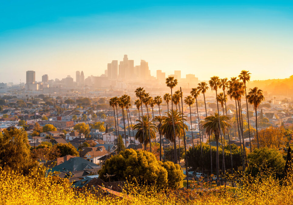 the skyline of los angeles during sunset