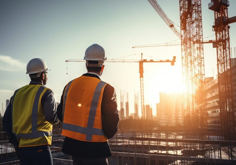 Construction worker and engineer wearing safety gear looking for blueprints in high rise building construction site with tower crane.