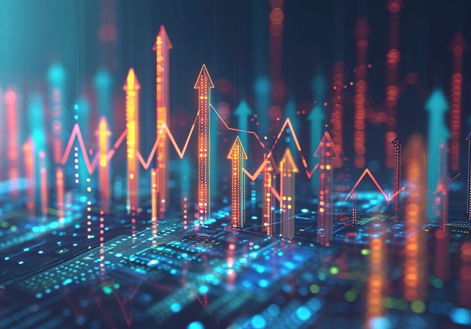 Futuristic raise arrow chart digital transformation abstract technology background. Big data and business growth currency stock and investment economy, + --ar 16:9 --v 6 Job ID: 836c8c74-417e-423b-8e14-f7732cb55bad