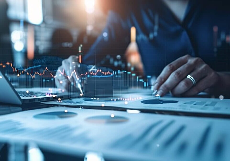 bussines man pointing market data high tech style hologram graphic graph and statistic market data analysis and reporting