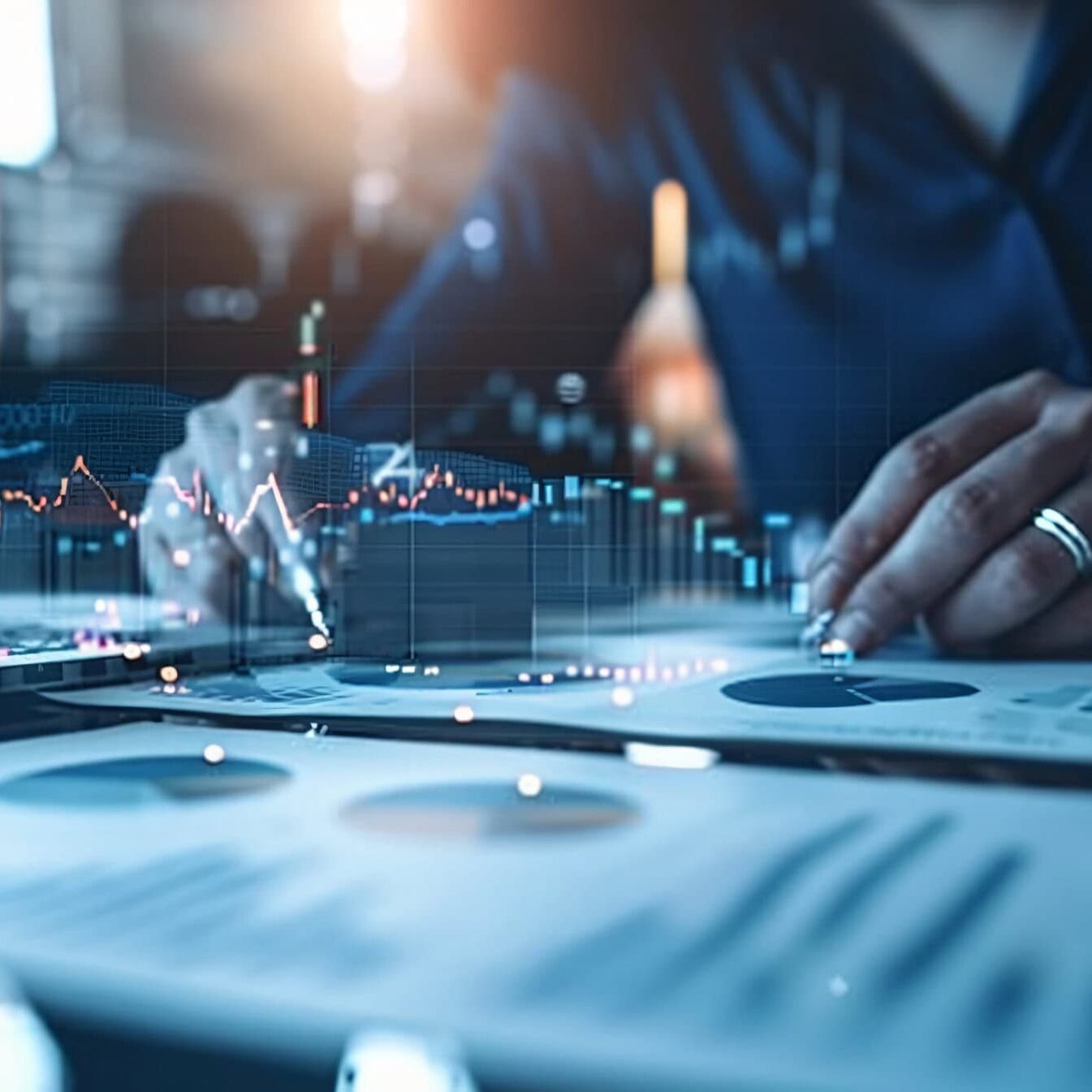 bussines man pointing market data high tech style hologram graphic graph and statistic market data analysis and reporting