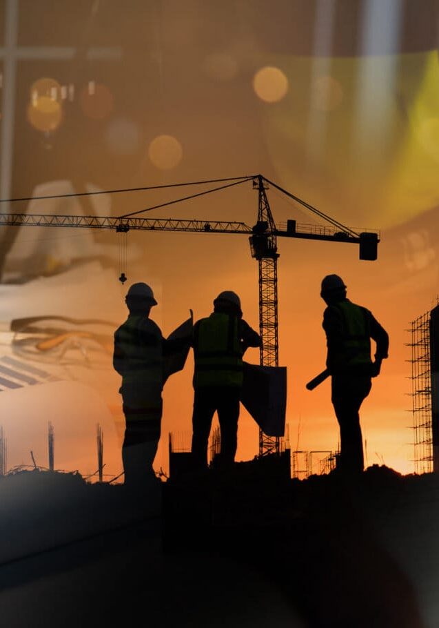 Double exposure of civil engineer silhouette at construction site with building designer working and meeting at night in banner site