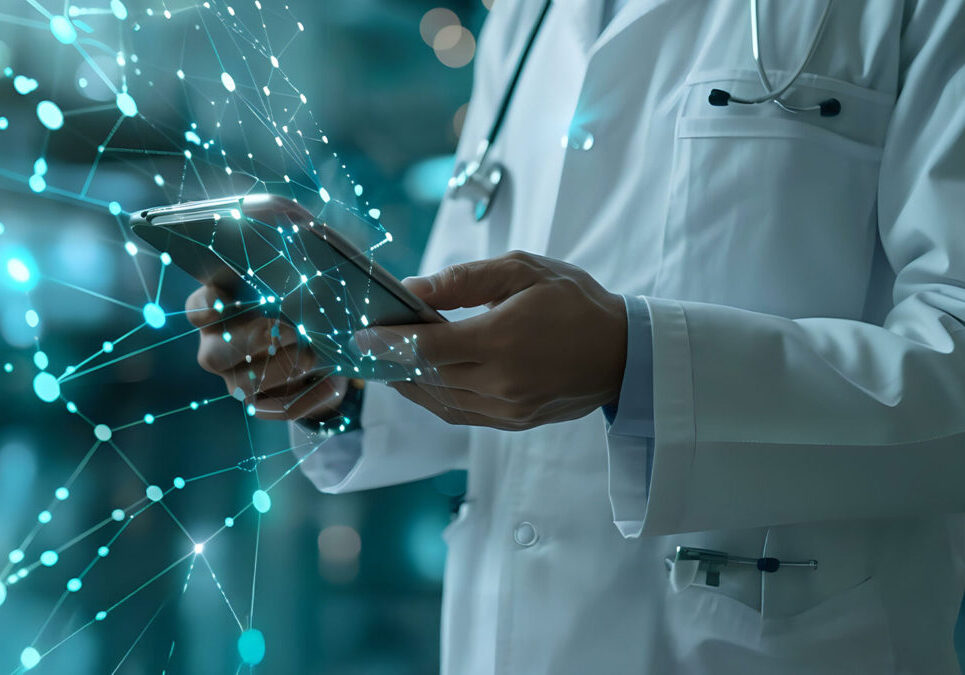 Doctors with tablet and abstract web of teal graph nodes