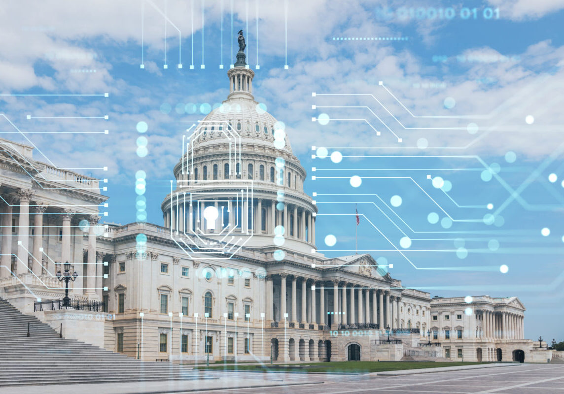 Capitol dome building exterior, Washington DC, USA. Home of Congress and Capitol Hill. American political system. The concept of cyber security to protect confidential information, padlock hologram
