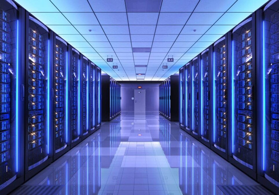 Server Racks in Server Room Data Center. 3D Render
