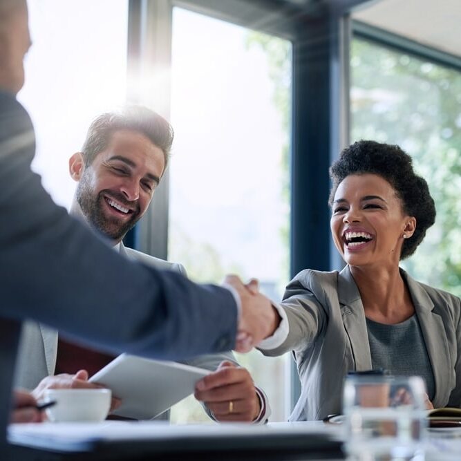 Meeting,,Partnership,And,Business,People,Shaking,Hands,In,The,Office corporate woman shaking hands with client