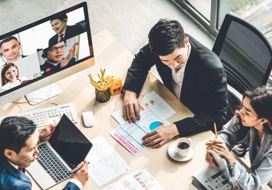 Video call group business people meeting on virtual workplace or